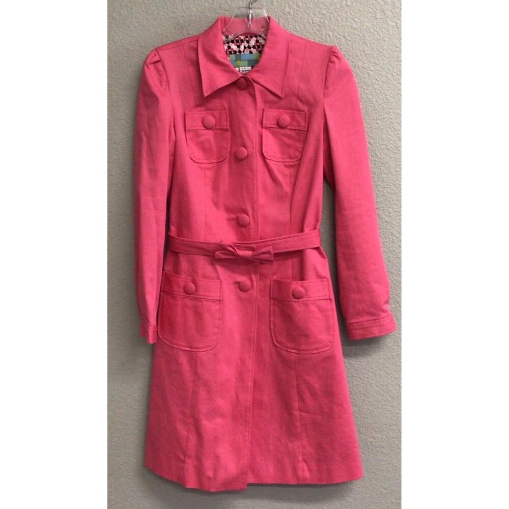 Beth Bowley Trench Coat Pink Belted Jacket Women’s Size 2 Mid Length Classic